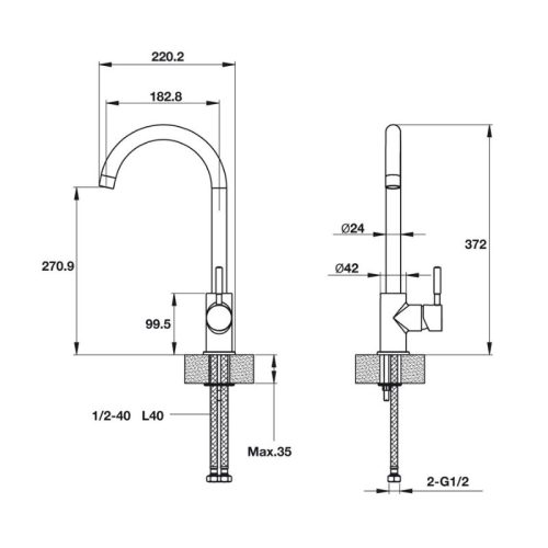 Kích thước vòi rửa bát HT19-GH1F270 Hafele 570.51.390