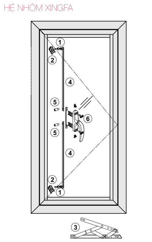 Phụ kiện cửa sổ mở quay ra ngoài nhôm Xingfa Hafele WDOP111