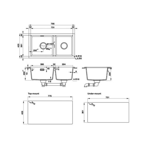 Thiết kế của chậu rửa bát đá 2 hố Hafele Essence HS22-GEN2S90 577.25.410