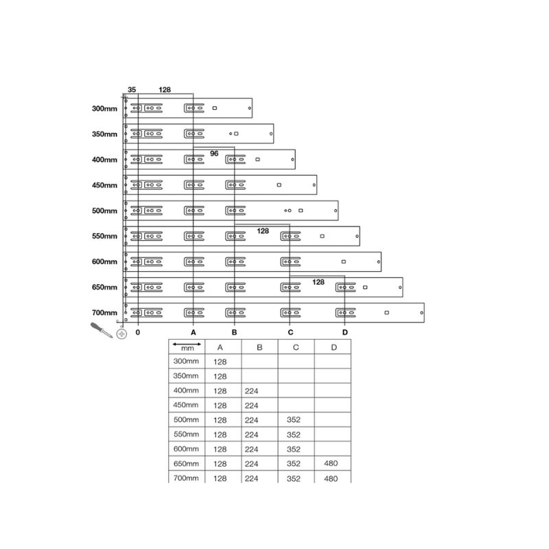 Thông số của ray bi không giảm chấn dài 500mm Hafele 494.02.455 Thông số của ray bi không giảm chấn dài 500mm Hafele 494.02.455