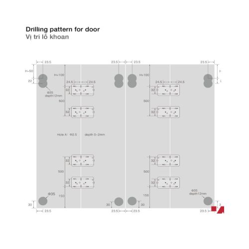 vị trí lỗ khoan của Phụ kiện cửa trượt tủ Slido Fold 20VF Hafele 401.30.009