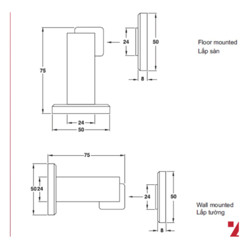 Kích thước chặn cửa nam châm Hafele 938.23.004