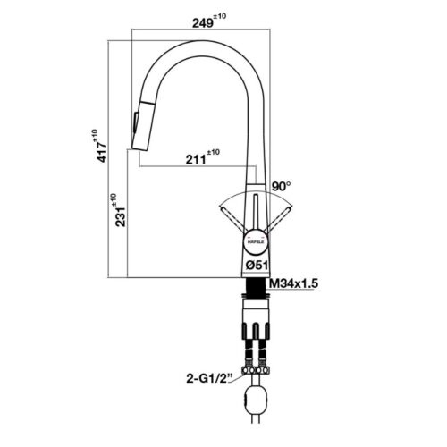 Vòi rửa bát nóng lạnh Hafele HT24-SH1P417-BR 570.85.041 có dây rút 3 Kích thước vòi rửa bát nóng lạnh Hafele HT24-SH1P417-BR 570.85.041 có dây rút