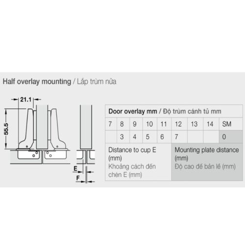 Bản lề trùm nửa không bật Metalla A 110° Hafele 315.31.551 4 Thông số bản lề trùm nửa không bật Metalla A 110° Hafele 315.31.551