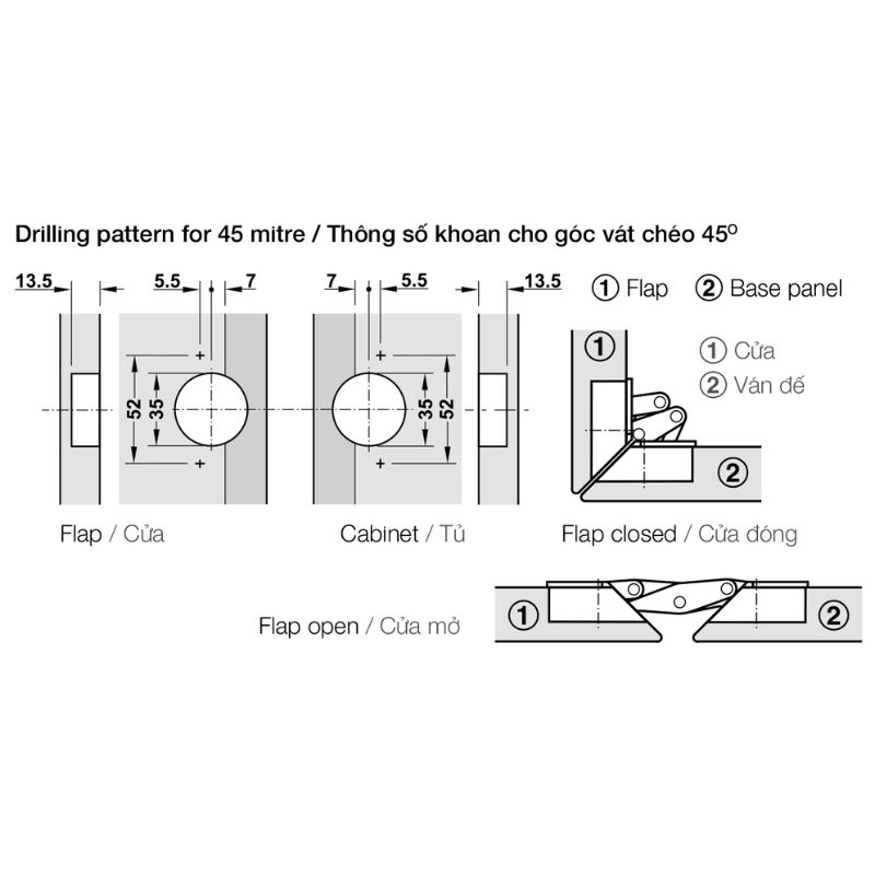 Kích thước bản lề cửa lật Mitred GS góc mở 95º Hafele 325.02.702 Kích thước bản lề cửa lật Mitred GS góc mở 95º Hafele 325.02.702