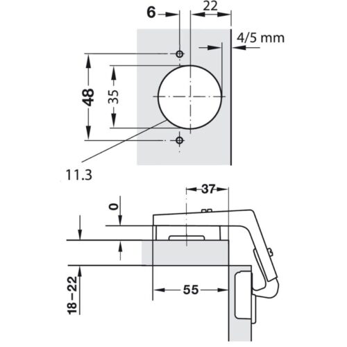 Kích thước bản lề Metalla A nối góc Hafele 311.83.516