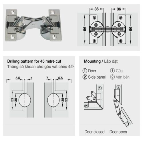 Bản lề tủ Mitred cho góc vát chéo 45º Hafele 325.00.708 4 Kích thước bản lề tủ Mitred cho góc vát chéo 45º Hafele 325.00.708