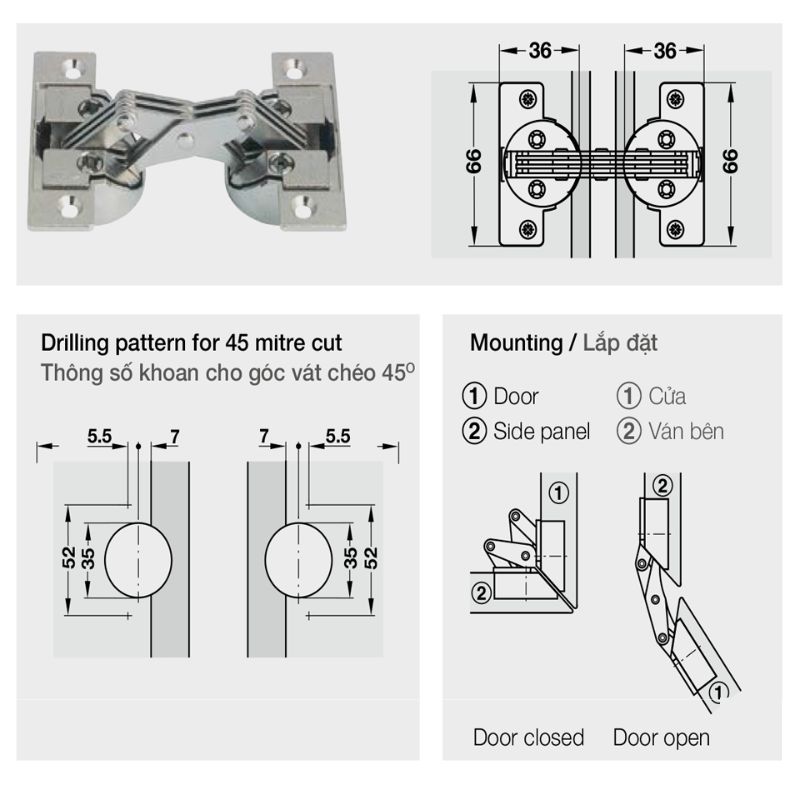 Kích thước bản lề tủ Mitred cho góc vát chéo 45º Hafele 325.00.708 Kích thước bản lề tủ Mitred cho góc vát chéo 45º Hafele 325.00.708