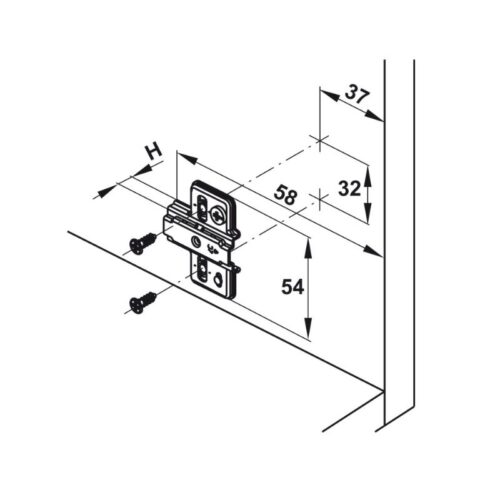 Kích thước đế bản lề Mettalamat neo chữ thập Hafele 334.90.021